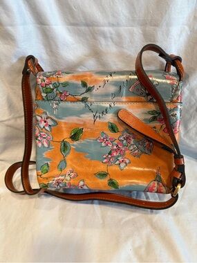 Patricia Nash Floral Crossbody in Orange & Light Blue with Brown Strap